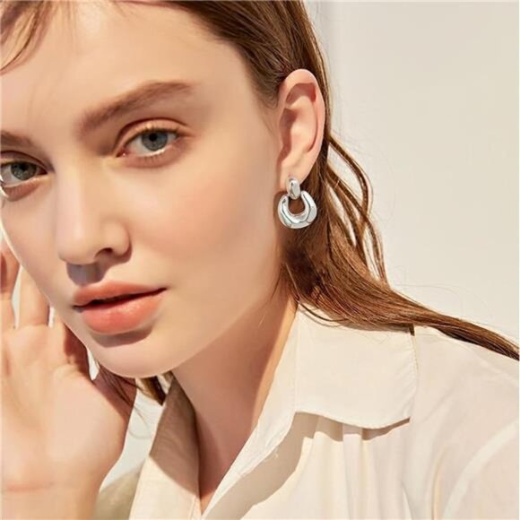 Unique Silver Drop Earrings | Modern Door Knocker Statement Studs - Picture 2 of 5